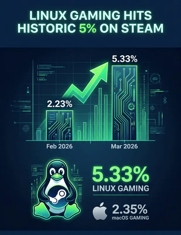 Infographic showing Steam on Linux market share jumping from 2.23 percent to a historic 5.33 percent in March 2026, officially becoming more than double the macOS gaming market share.