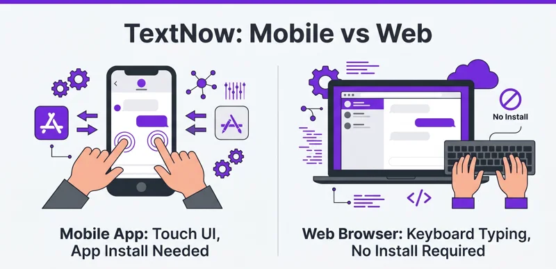 Side-by-side comparison infographic showing the core differences between the TextNow mobile application and the TextNow web browser platform.