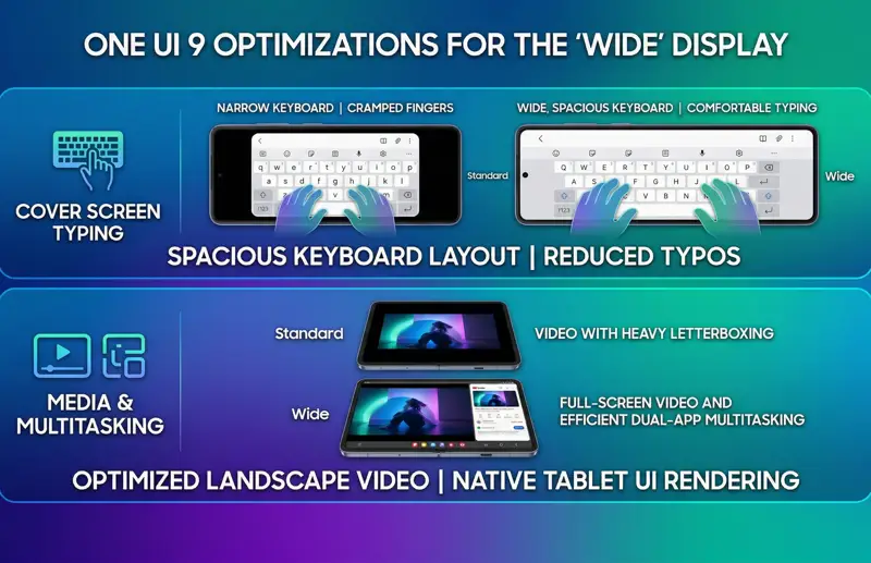 Split-screen infographic detailing One UI 9 software features on the Galaxy Z Fold Wide, showing a spacious cover screen keyboard for reduced typos on the left, and optimized native tablet UI rendering for landscape video and multitasking on the right.