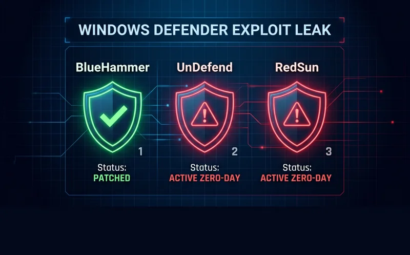 A cybersecurity dashboard infographic showing the patch status of three leaked Windows Defender vulnerabilities: BlueHammer is patched, while UnDefend and RedSun remain active zero-day threats.