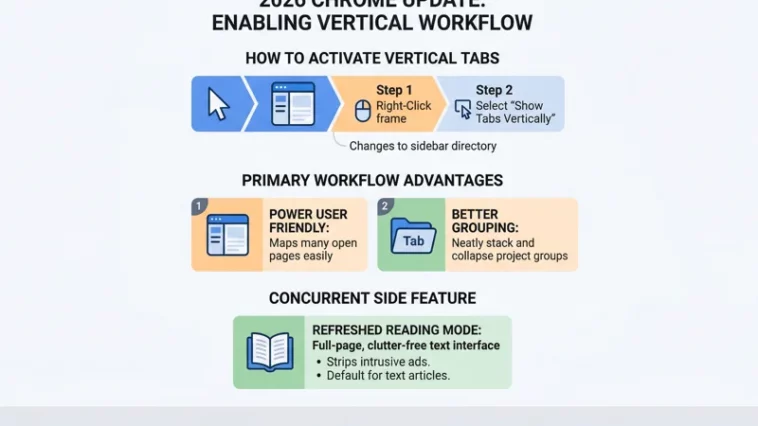 Infographic comparing Google Chrome's cluttered horizontal tabs with hidden titles to the new organized vertical tabs sidebar that displays full page titles.