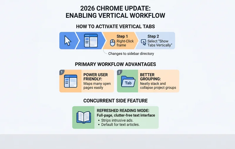 Infographic comparing Google Chrome's cluttered horizontal tabs with hidden titles to the new organized vertical tabs sidebar that displays full page titles.
