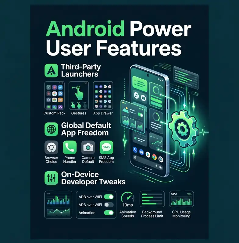 Infographic highlighting Android power user features, including third-party launchers, global default app freedom, and on-device developer tweaks.