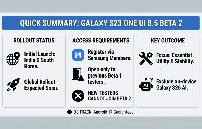 A split-screen comparison infographic showing the crucial bug fixes included in the One UI 8.5 Beta 2 for the Samsung Galaxy S23 on the left, and the missing Galaxy S26 AI features like Now Nudge and Now Brief on the right.