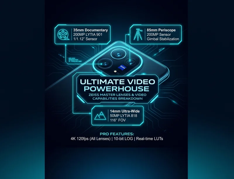 Infographic detailing the Vivo X300 Ultra camera system, featuring dual 200MP ZEISS lenses and 4K 120fps professional video capabilities.