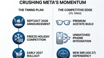 Infographic detailing Apple's strategic plan to disrupt Meta's smart glasses momentum, featuring a late 2026 launch timeline and key competitive advantages like premium acetate frames and exclusive iPhone integration.