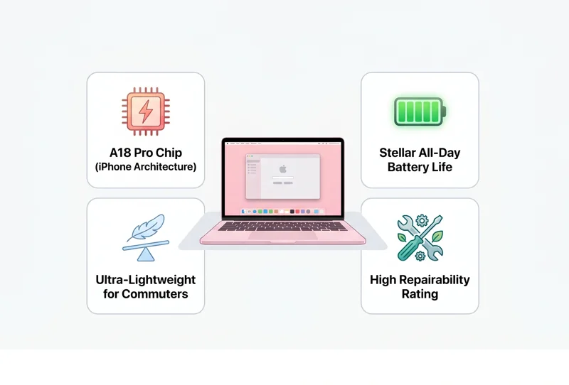 An infographic detailing the 2026 MacBook Neo features, highlighting the A18 Pro chip, all-day battery life, ultra-lightweight design, and high repairability for commuters.