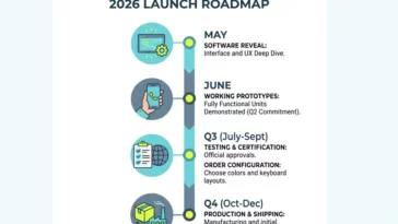 Timeline infographic showing the 2026 launch roadmap for the Clicks Communicator phone, including May software reveals, June working prototypes, Q3 testing and configuration, and Q4 production and shipping.