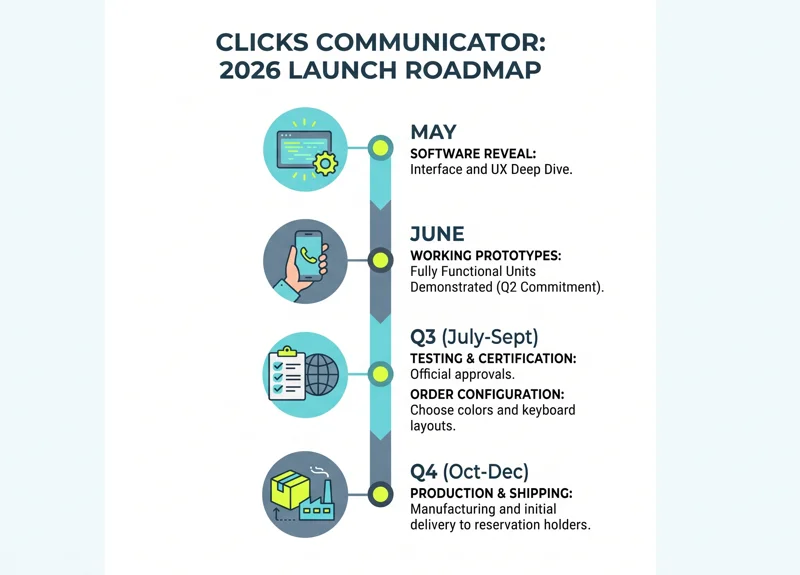 Timeline infographic showing the 2026 launch roadmap for the Clicks Communicator phone, including May software reveals, June working prototypes, Q3 testing and configuration, and Q4 production and shipping.
