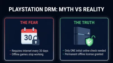 Infographic comparing the false rumor of a mandatory 30-day online check for PlayStation games with the reality of a single, one-time online check that grants a permanent offline license.