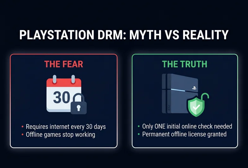Infographic comparing the false rumor of a mandatory 30-day online check for PlayStation games with the reality of a single, one-time online check that grants a permanent offline license.