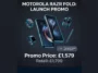 Infographic showing the Motorola Razr Fold launch promotion, highlighting the discounted price of 1,579 pounds and the included free Moto Watch, Moto Buds, and stylus.