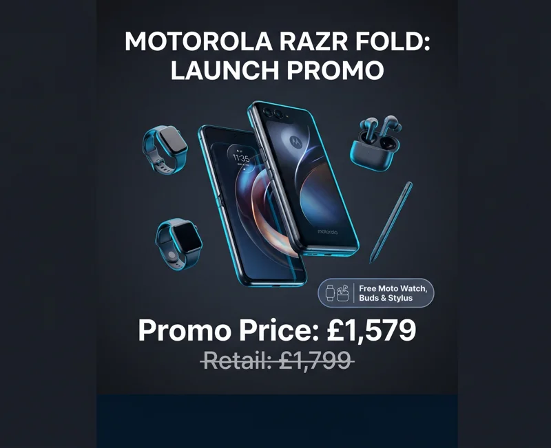 Infographic showing the Motorola Razr Fold launch promotion, highlighting the discounted price of 1,579 pounds and the included free Moto Watch, Moto Buds, and stylus.
