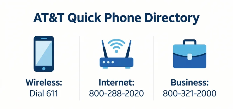 Infographic showing the main AT&T customer service phone numbers for wireless, internet, and business accounts.
