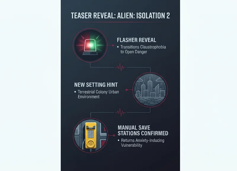 Infographic breaking down the Alien: Isolation 2 teaser trailer, highlighting the red to green light transition, the new rainy city setting, and the return of the emergency phone save stations.