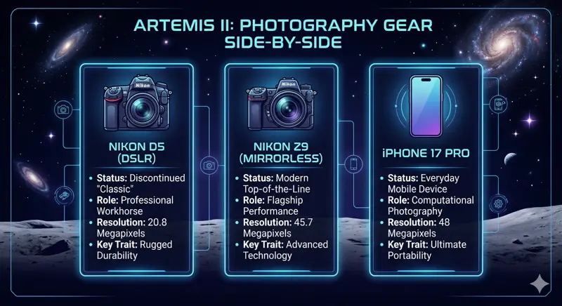 Infographic comparing the three main cameras used on the NASA Artemis II mission: the discontinued Nikon D5 DSLR, the flagship Nikon Z9 mirrorless, and the Apple iPhone 17 Pro.