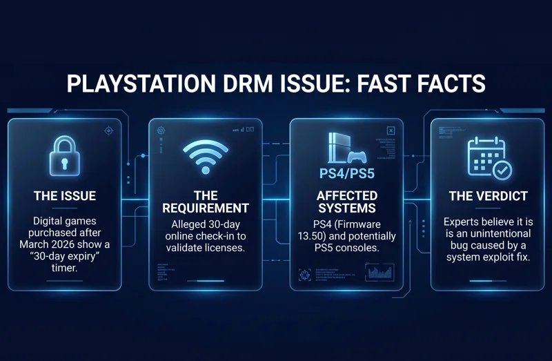 Infographic explaining the reported PlayStation DRM bug affecting digital games bought after March 2026, requiring a 30-day online check-in.