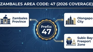 Infographic showing the geographic coverage for the area code Zambales utilizes, including Olongapo City and Subic Bay Freeport Zone using prefix 47.