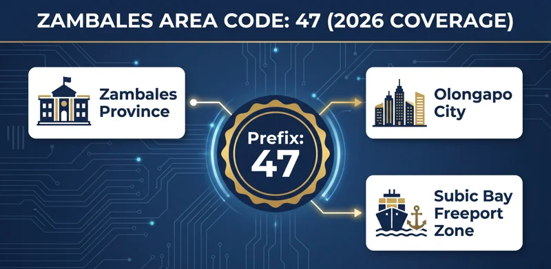Infographic showing the geographic coverage for the area code Zambales utilizes, including Olongapo City and Subic Bay Freeport Zone using prefix 47.