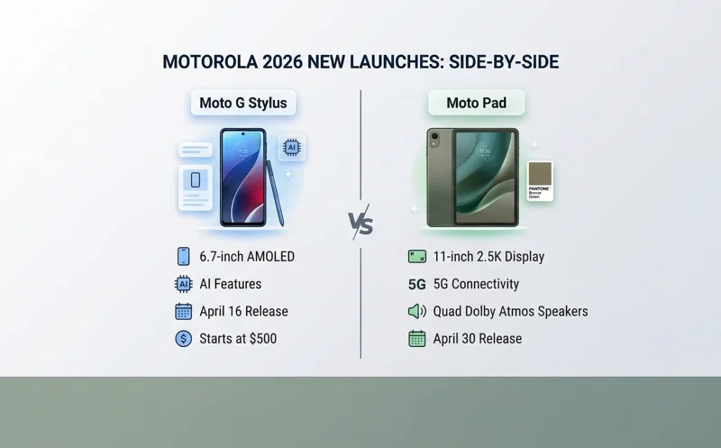 side comparison infographic of the 2026 Moto G Stylus smartphone and the new 11-inch 5G Moto Pad tablet, showing release dates and key specs.