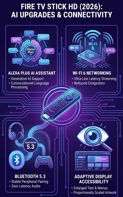 An infographic detailing the smart features of the new Fire TV Stick HD, including the Alexa Plus AI assistant, Wi-Fi 6 networking, Bluetooth 5.3, and Adaptive Display accessibility.