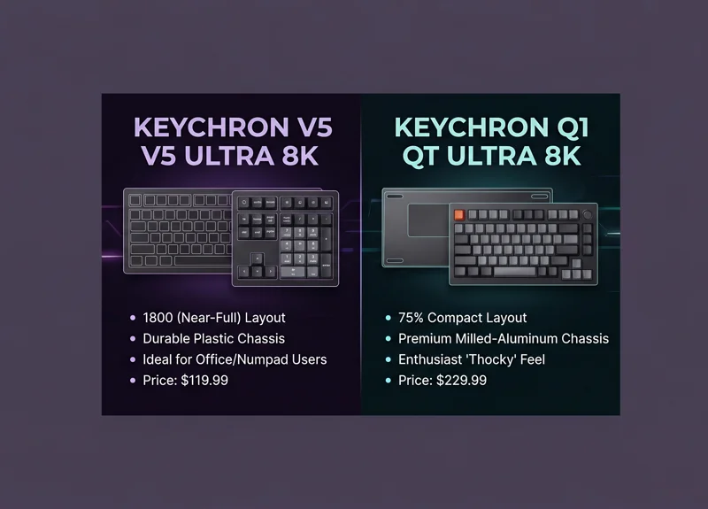 Split-screen infographic comparing the Keychron V5 Ultra 8K with an 1800 layout and plastic chassis against the Keychron Q1 Ultra 8K featuring a 75 percent compact layout and premium milled-aluminum chassis.