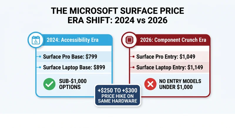 An infographic comparing the base prices of Microsoft Surface PCs in 2024 versus 2026, showing a 250 to 300 dollar price hike and the elimination of all sub-1000 dollar models.