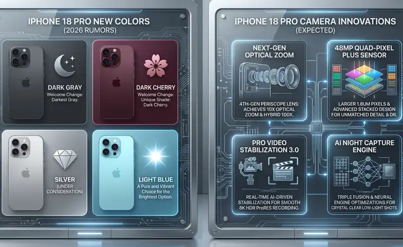 Infographic showcasing the leaked new color options for the 2026 iPhone 18 Pro, including Dark Gray, Dark Cherry, Light Blue, and a potential Silver option.