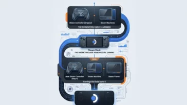 A timeline infographic illustrating the evolution of Valve's hardware ecosystem, showing how the original Steam Controller, Steam Machines, and the 2026 hardware lineup all build up to the development of the Steam Deck 2.