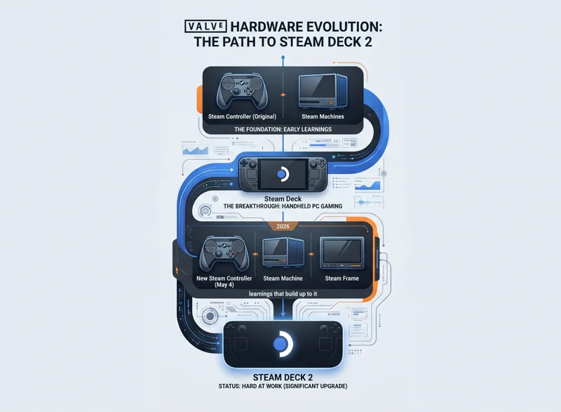 A timeline infographic illustrating the evolution of Valve's hardware ecosystem, showing how the original Steam Controller, Steam Machines, and the 2026 hardware lineup all build up to the development of the Steam Deck 2.
