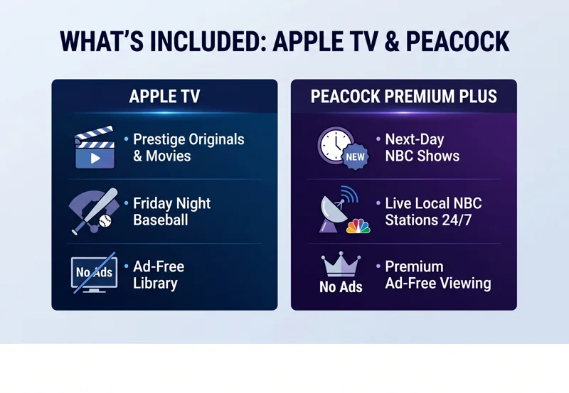 An infographic detailing the content features included in the Prime Video bundle, listing Apple TV prestige originals alongside Peacock's live local NBC stations and next-day shows.