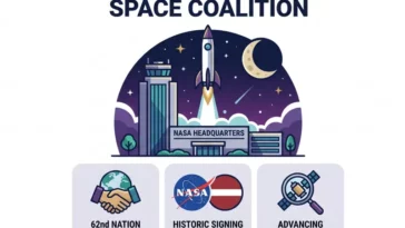 Infographic illustrating Latvia becoming the 62nd nation to sign the Artemis Accords, highlighting the historic signing at NASA headquarters and the advancement of international space cooperation.