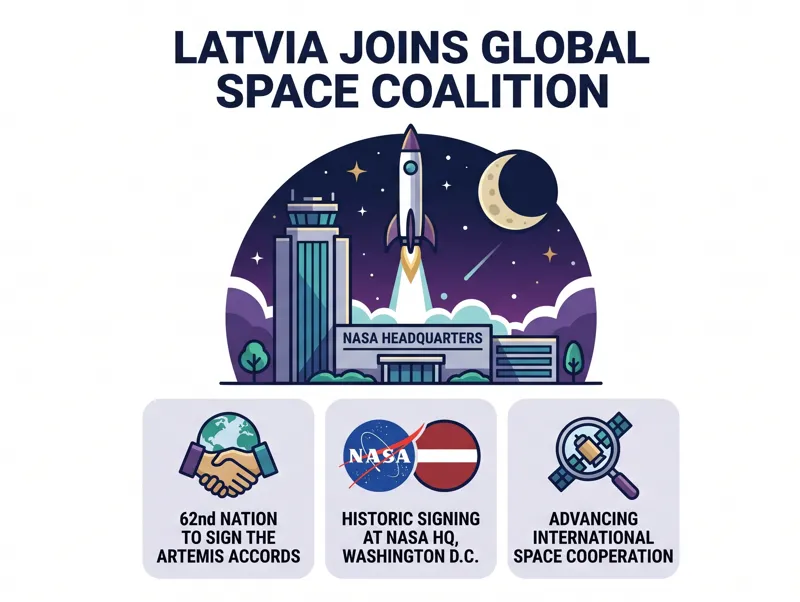 Infographic illustrating Latvia becoming the 62nd nation to sign the Artemis Accords, highlighting the historic signing at NASA headquarters and the advancement of international space cooperation.