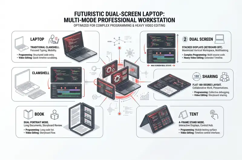 Infographic showing the five operation modes of the ASUS ROG Zephyrus Duo 2026, including Dual Screen, Laptop, Sharing, Book, and Tent modes for professional workstations.