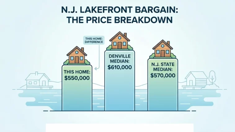 Bar chart infographic comparing the $550,000 listing price of a Denville, N.J. lakefront home against the higher local and statewide median home prices.