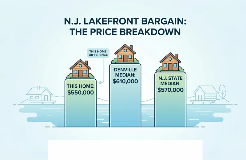 Bar chart infographic comparing the $550,000 listing price of a Denville, N.J. lakefront home against the higher local and statewide median home prices.