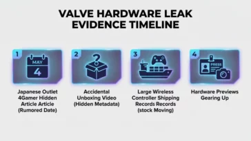 Infographic showing a timeline of Valve hardware leaks, including the 4Gamer article, an accidental unboxing video, and shipping records pointing to a May 4th release.