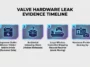 Infographic showing a timeline of Valve hardware leaks, including the 4Gamer article, an accidental unboxing video, and shipping records pointing to a May 4th release.