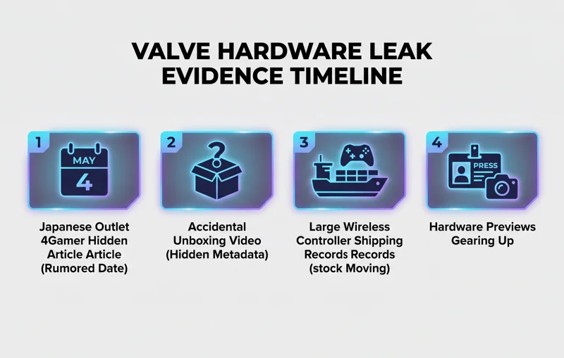 Infographic showing a timeline of Valve hardware leaks, including the 4Gamer article, an accidental unboxing video, and shipping records pointing to a May 4th release.