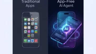 Infographic showing a side-by-side comparison between a traditional smartphone with standard app icons and a futuristic OpenAI smartphone powered by a centralized, real-time AI agent.