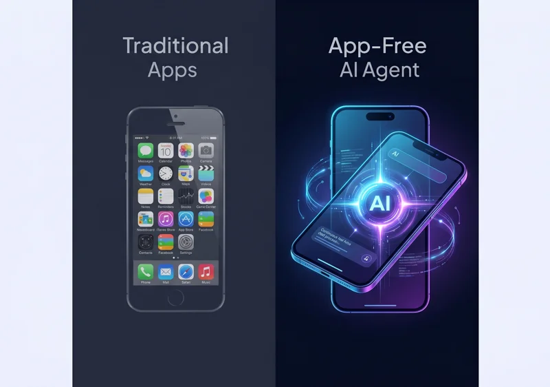 Infographic showing a side-by-side comparison between a traditional smartphone with standard app icons and a futuristic OpenAI smartphone powered by a centralized, real-time AI agent
