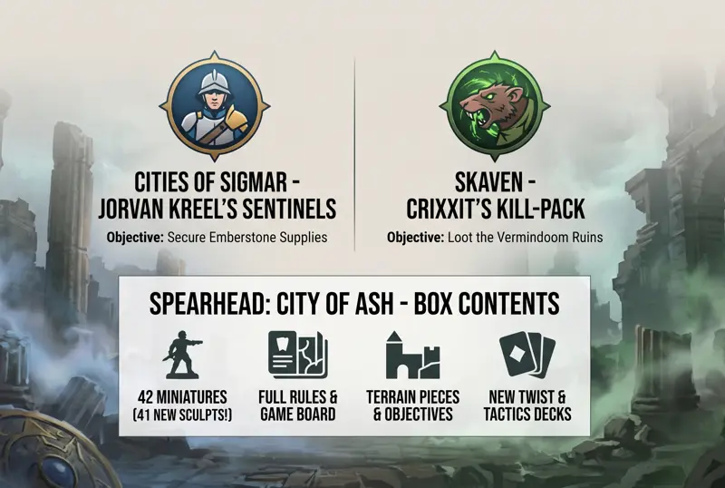 Fantasy infographic detailing the Spearhead City of Ash boxed set, showing the Cities of Sigmar facing off against the Skaven Crixxit Kill-Pack, along with a list of contents including 42 miniatures, terrain, and game rules.