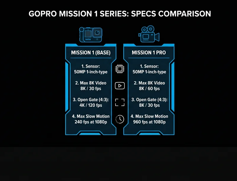 Infographic comparing the specifications of the GoPro Mission 1 and Mission 1 Pro, highlighting the shared 50-megapixel 1-inch sensor, 8K video recording limits, and maximum slow-motion frame rates.
