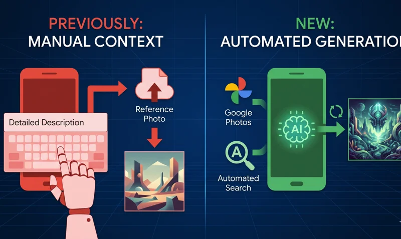 Split-screen infographic comparing the old manual AI workflow of typing descriptions and uploading reference photos against the new Google Personal Intelligence system that automatically scans Google Photos, Gmail, and Calendar to generate images.
