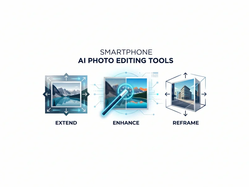Infographic illustrating the rumored iOS 27 Apple Intelligence photo editing tools, including Extend, Enhance, and Reframe features for the iPhone.
