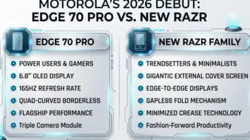 Infographic comparing the features of the new Motorola Edge 70 Pro and the new Razr foldable phone, highlighting the 165Hz OLED display for the Edge and the massive cover screen for the Razr.