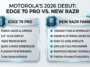 Infographic comparing the features of the new Motorola Edge 70 Pro and the new Razr foldable phone, highlighting the 165Hz OLED display for the Edge and the massive cover screen for the Razr.