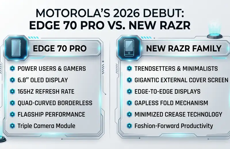 Infographic comparing the features of the new Motorola Edge 70 Pro and the new Razr foldable phone, highlighting the 165Hz OLED display for the Edge and the massive cover screen for the Razr.