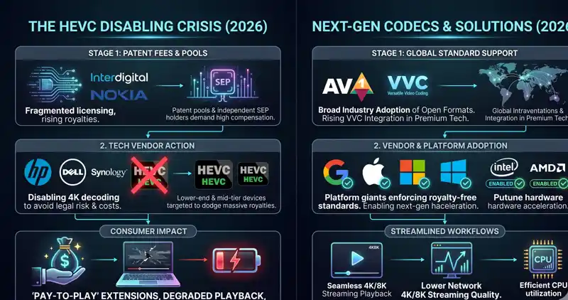 Infographic flowchart showing the HEVC disabling crisis in 2026, illustrating how high patent fees and rising royalties force tech vendors to disable built-in 4K hardware decoding, resulting in degraded playback, battery drain, and forced pay-to-play software extensions for consumers.