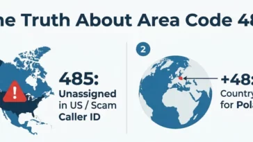 Infographic explaining that area code 485 is unassigned in the US and often used for scam calls, while +485 indicates an international call from Poland.